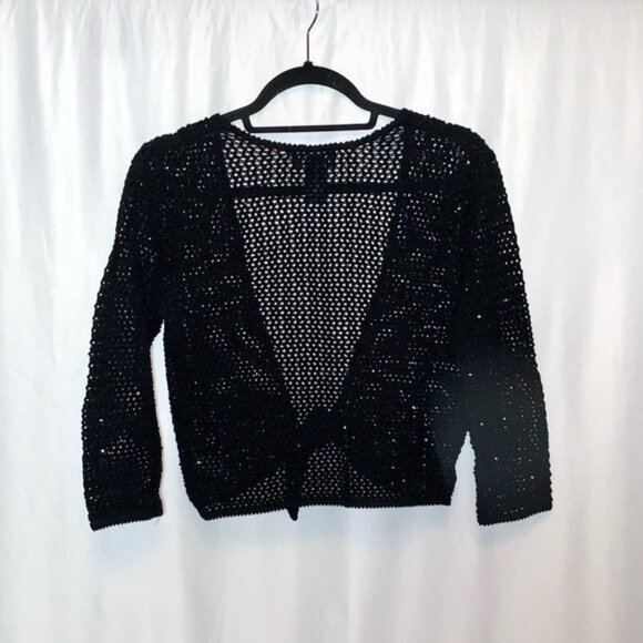 Jones New York Sig Black Open Knit Sequin Tie Front Cardigan Size small P - Picture 2 of 5